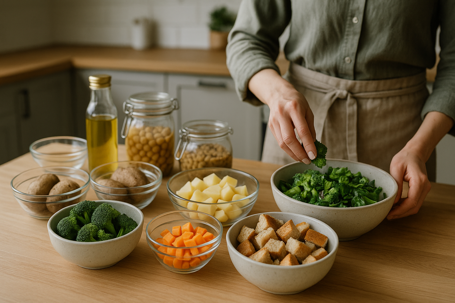 Ingredienti avanzati organizzati per la cucina del recupero su un piano di lavoro