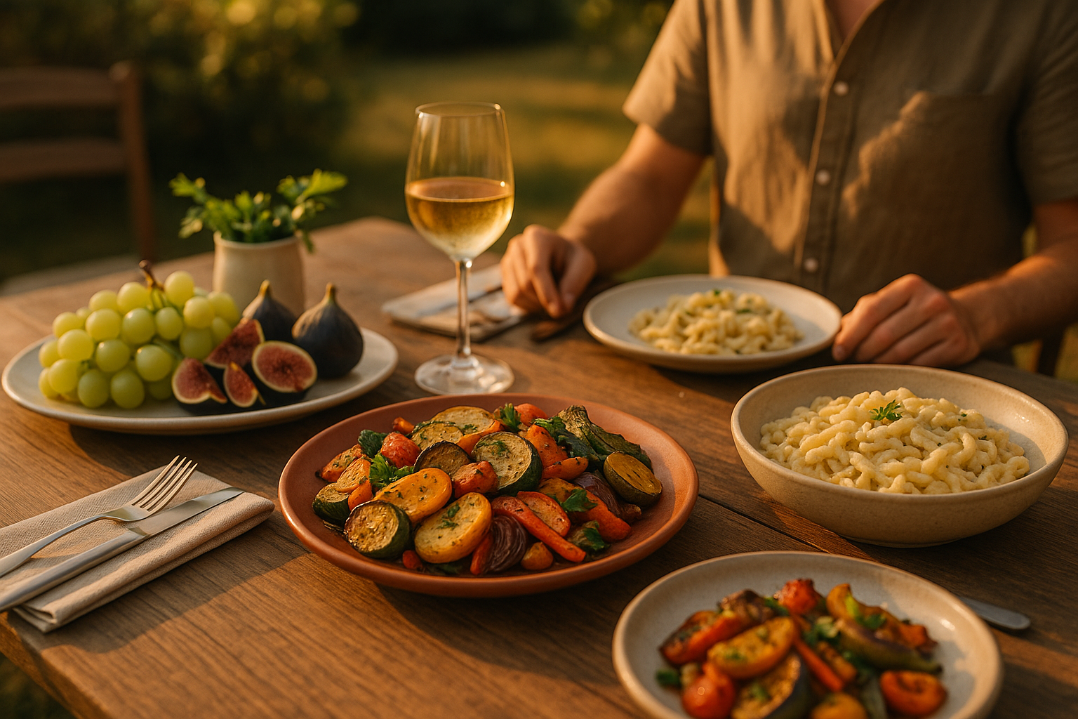 Menu di fine estate con verdure arrostite, primo cremoso e frutta matura come uva e fichi in luce calda