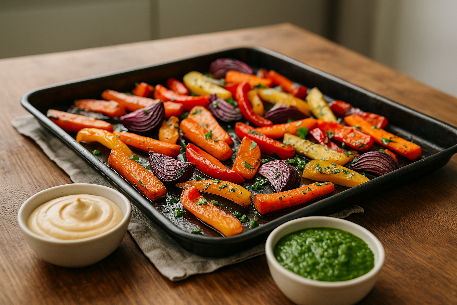 Verdure miste arrosto con crema di verdure e salsa verde pronte per essere servite