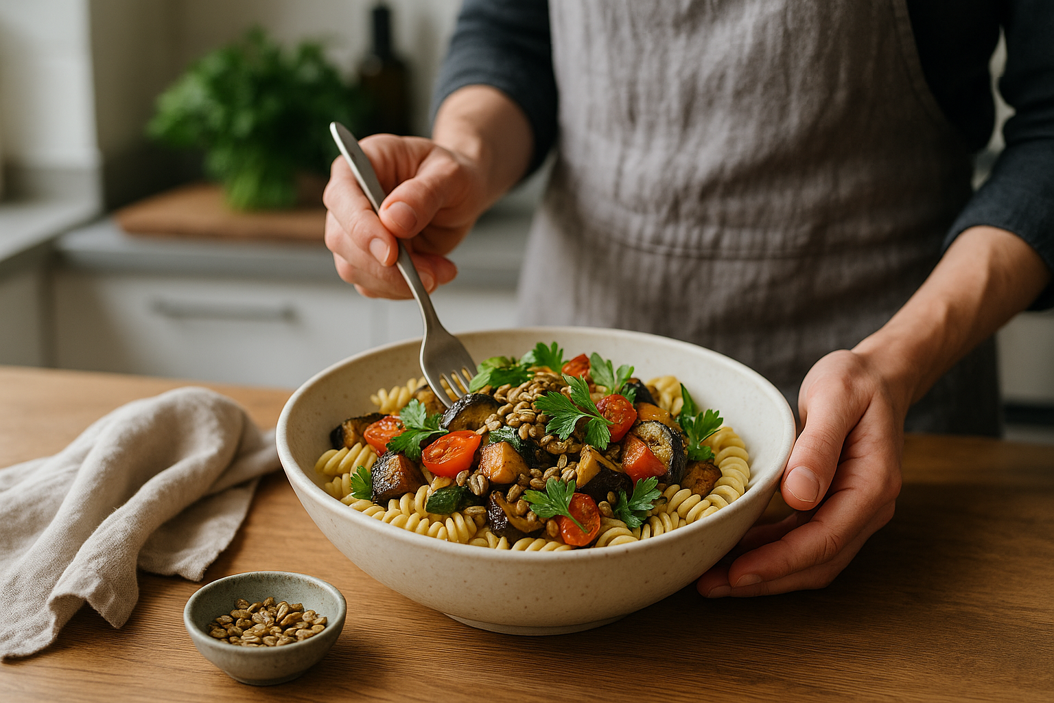 Pasta fredda gourmet con verdure arrostite, erbe fresche e semi tostati