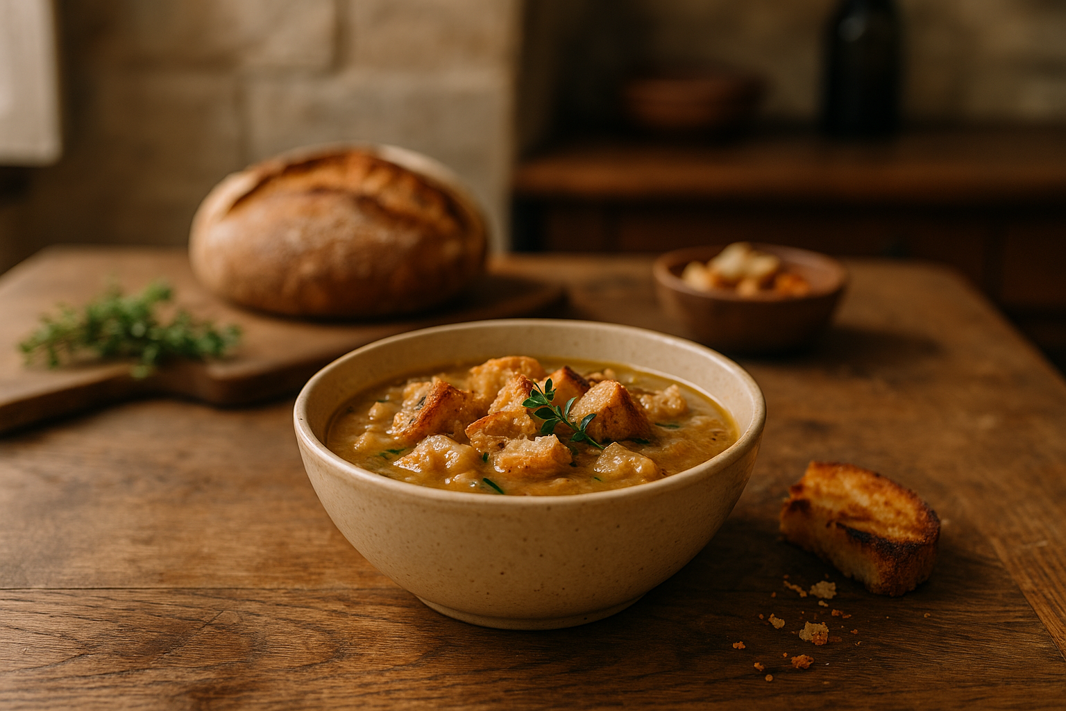 Zuppa rustica addensata con pane raffermo e erbe aromatiche su tavolo in legno