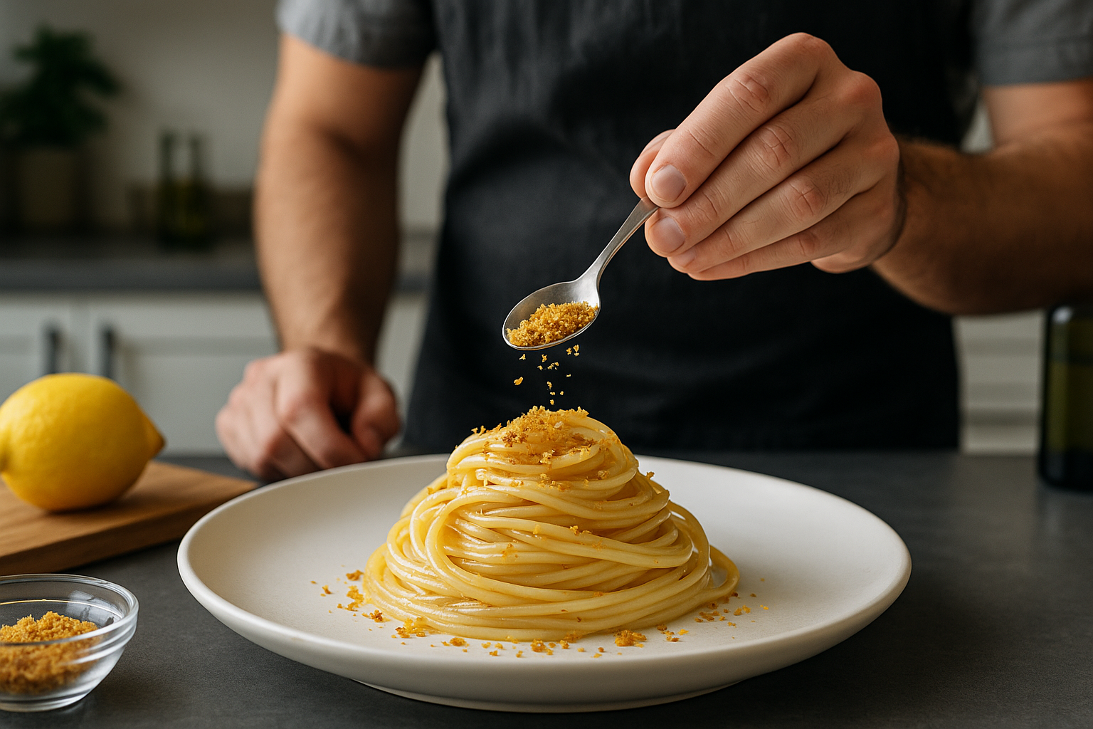 Spaghetti mantecati con pangrattato tostato e scorza di limone in stile ristorante