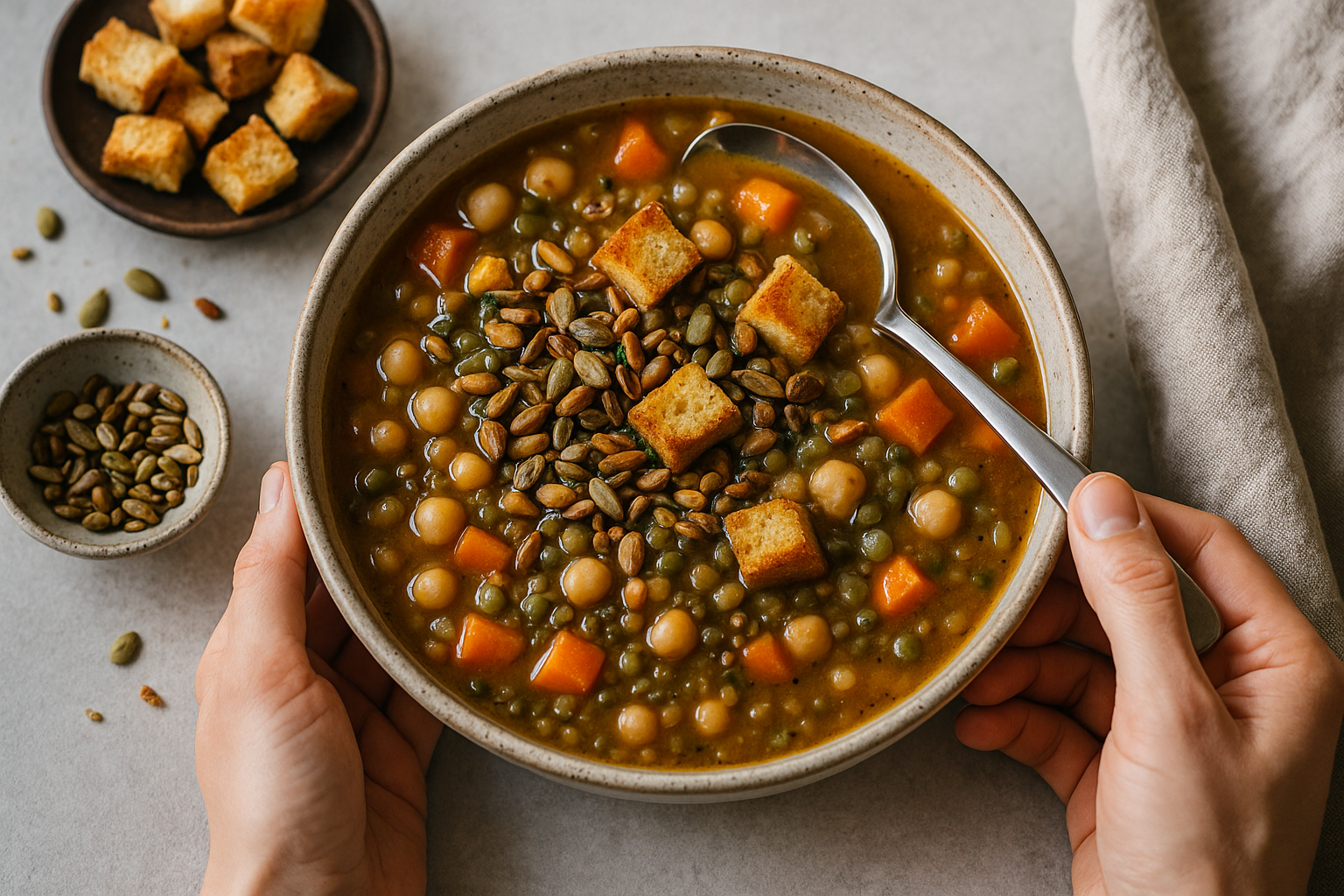 Zuppa con legumi e cereali servita in ciotola con topping croccante di semi tostati e crostini