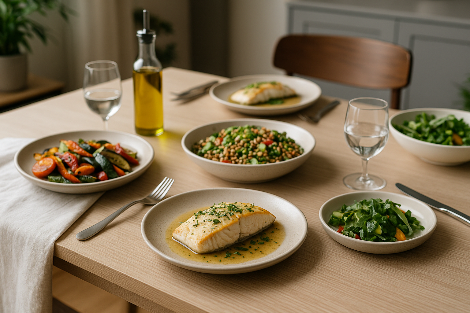 Piatti di cucina mediterranea contemporanea con verdure arrostite, pesce e insalata di cereali su tavola luminosa