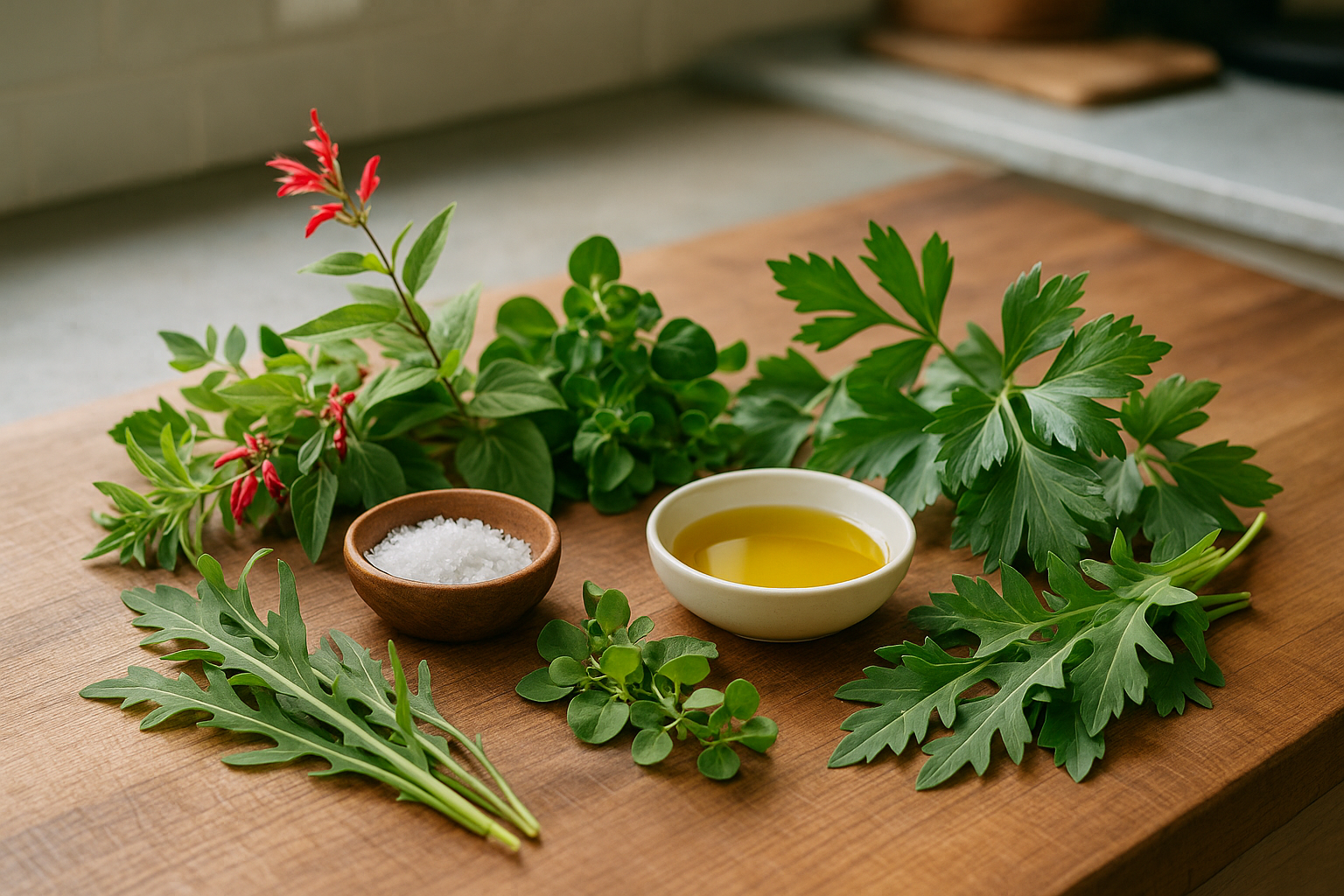 Erbe aromatiche fresche poco comuni disposte su un tavolo di legno per uso in cucina