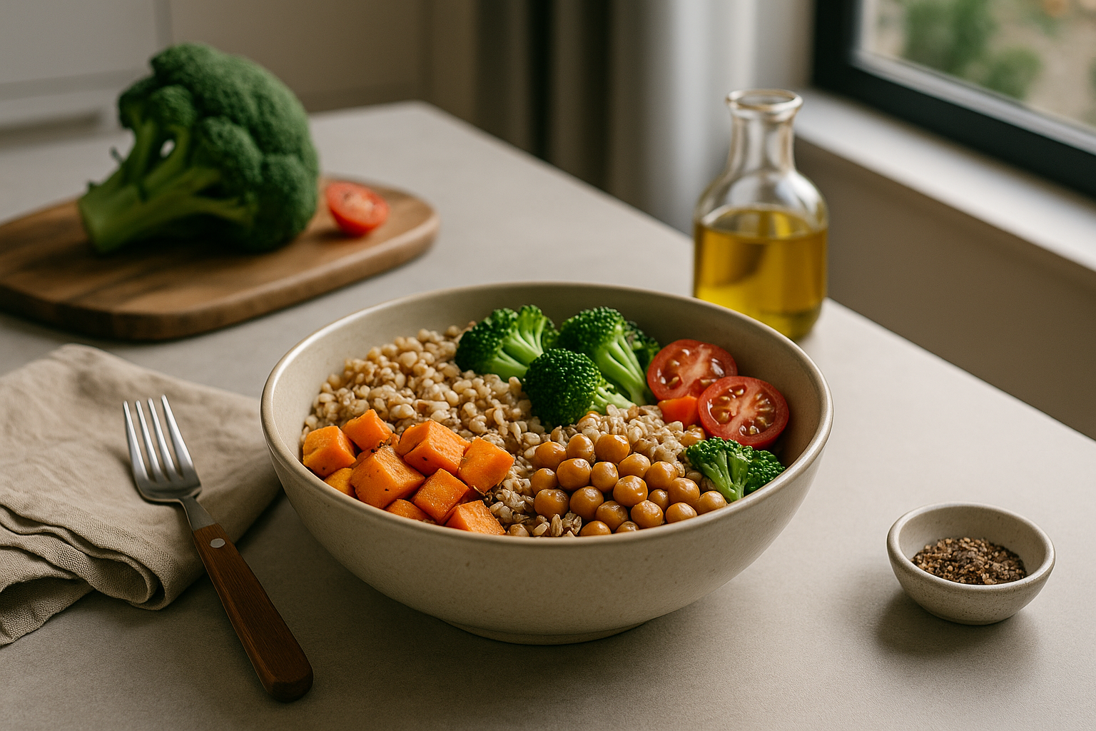 Piatto unico bilanciato con cereali integrali, legumi e verdure di stagione