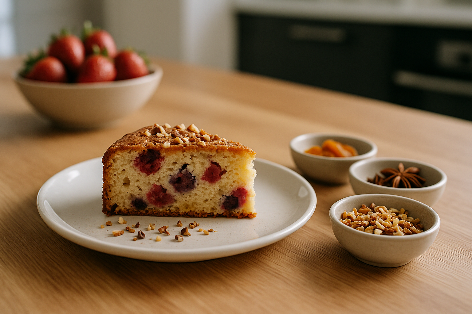 Fetta di dolce alla frutta poco zuccherato con frutta secca tostata e spezie