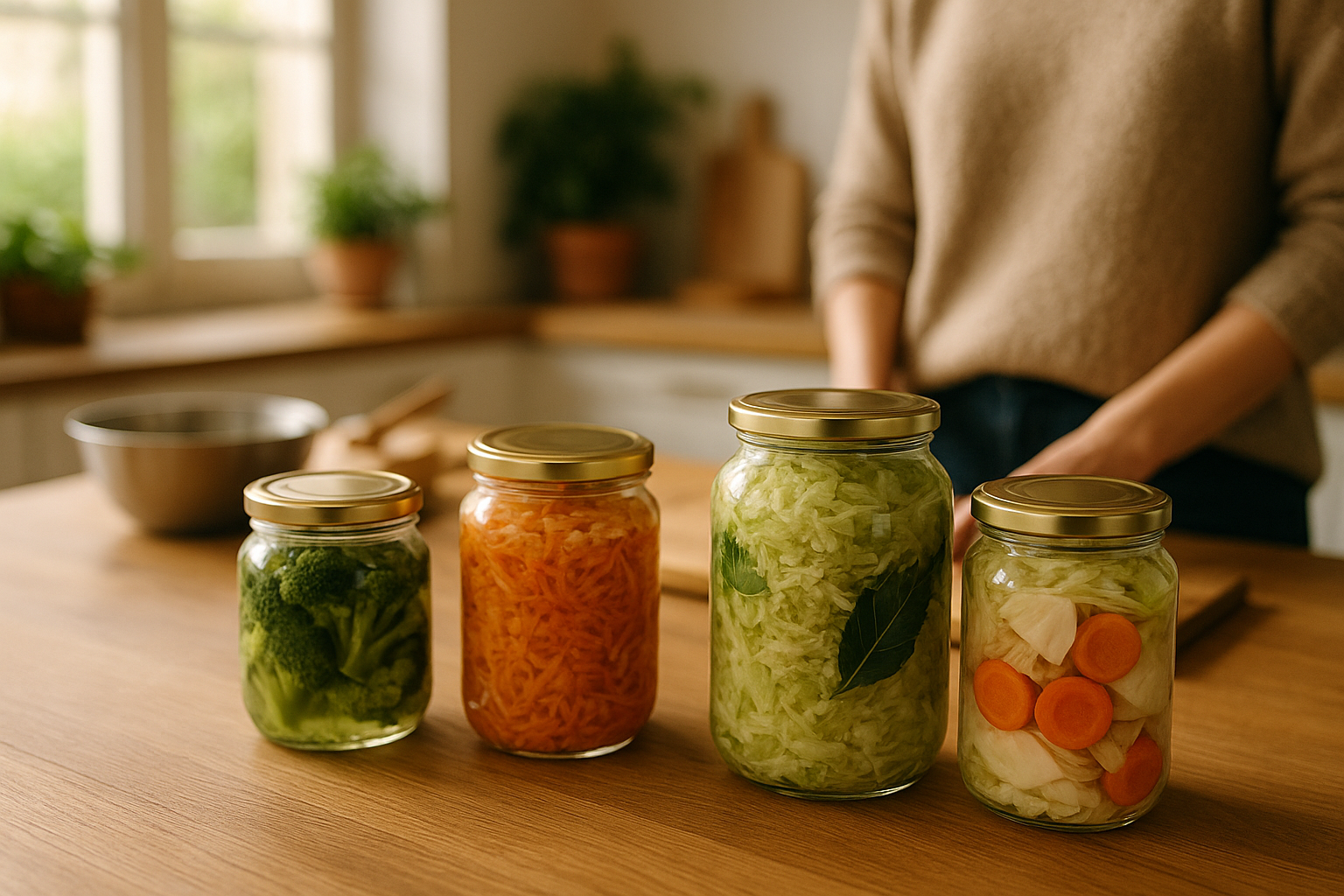 Barattoli con verdure lattofermentate su un piano cucina in legno, in una scena domestica illuminata da luce naturale