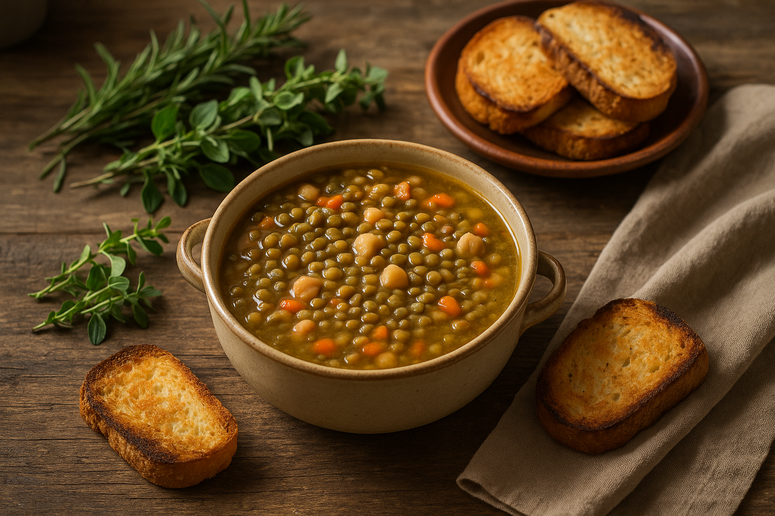 Zuppa di legumi con pane tostato e erbe aromatiche su tavola rustica