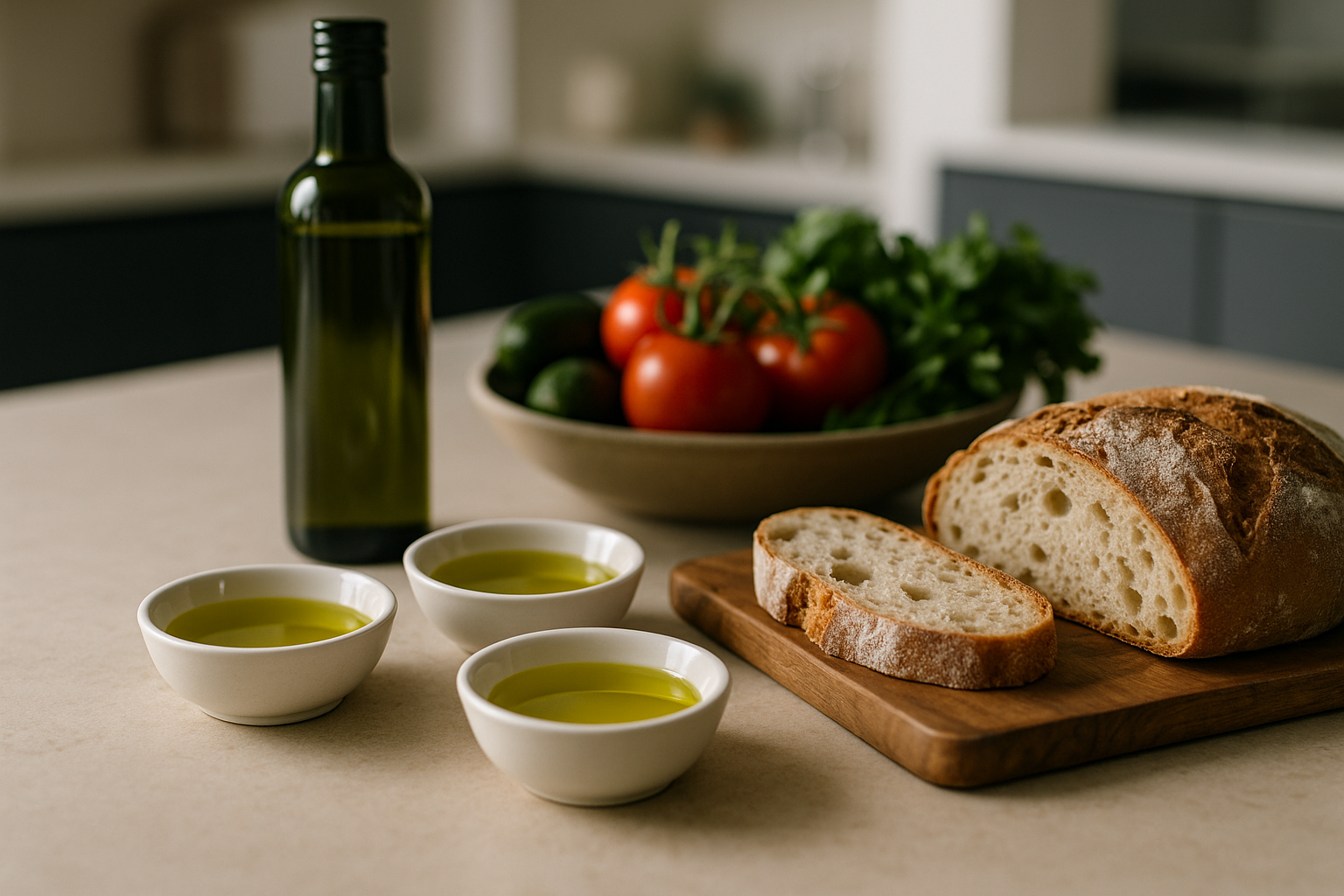Assaggio di olio extravergine con pane e verdure su un tavolo da cucina