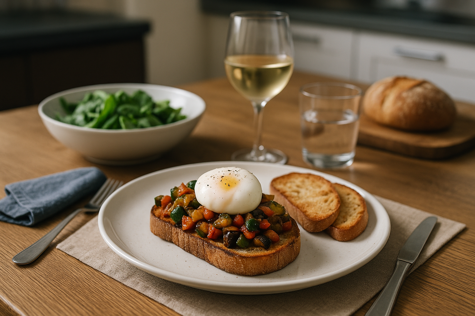 Bruschetta con verdure rosolate e uovo morbido servita con pane tostato per una cena veloce