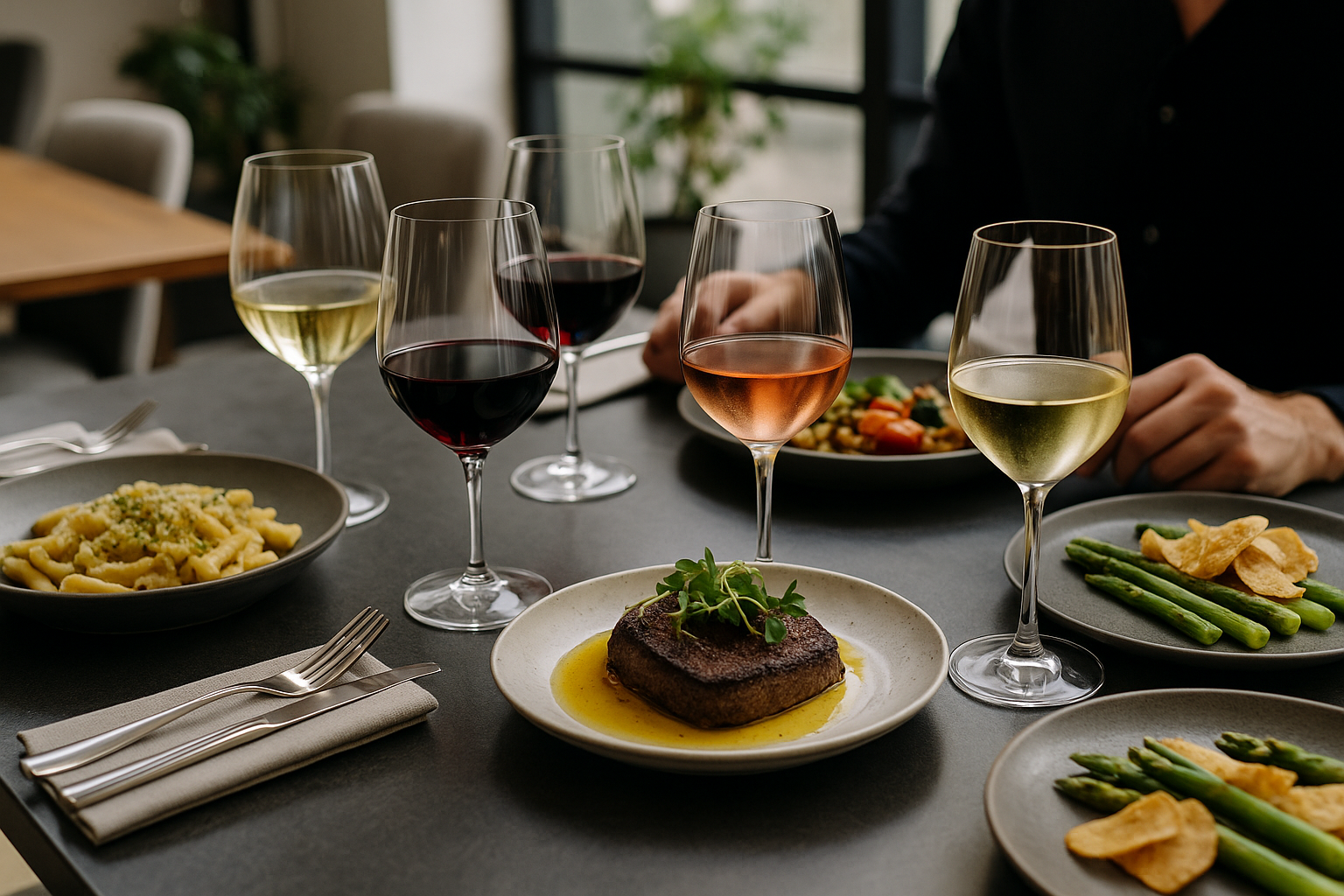 Tavola con piatti contemporanei e diversi calici di vino per abbinamenti gastronomici
