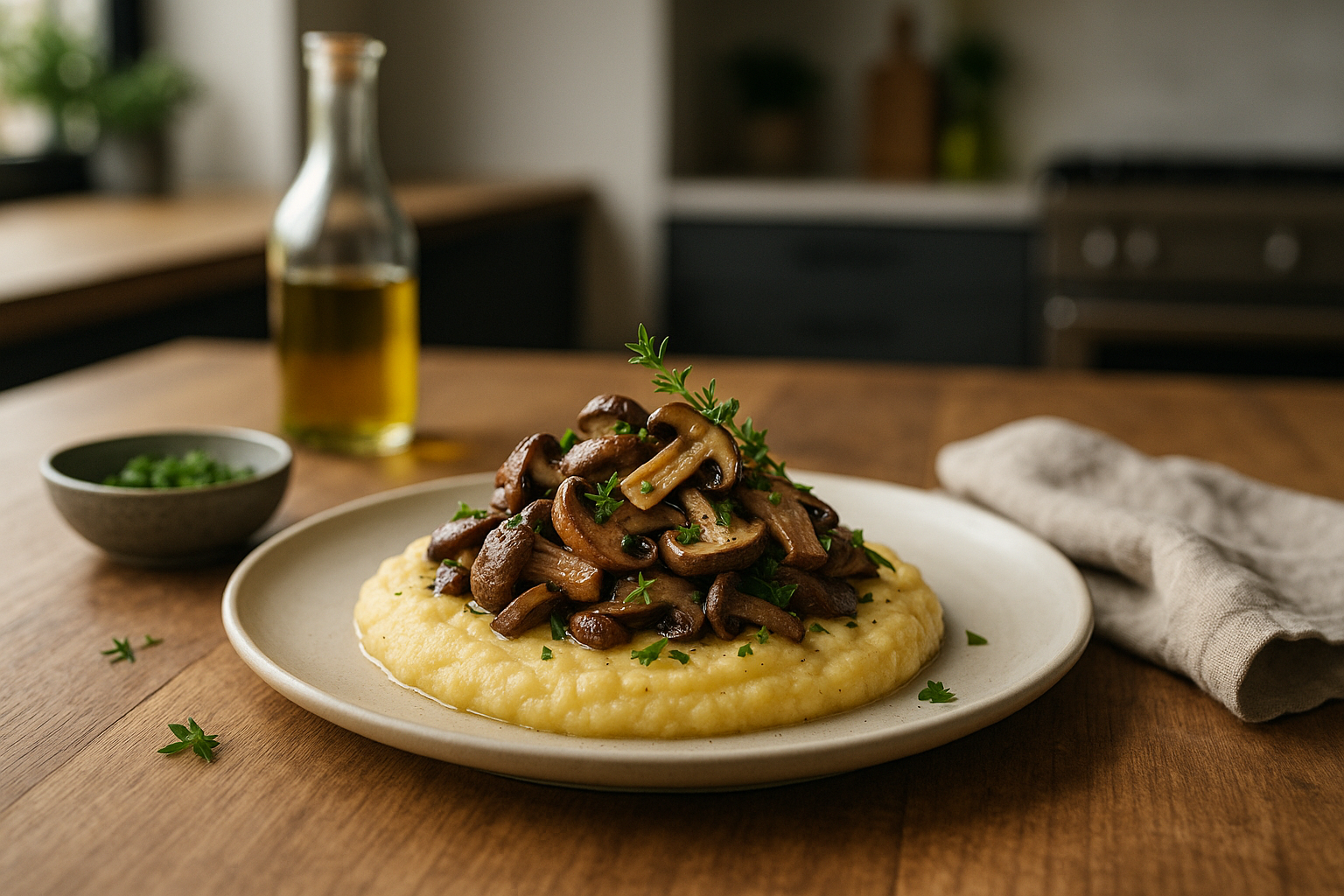 Interpretazione leggera di un piatto di montagna con polenta morbida, funghi e erbe aromatiche
