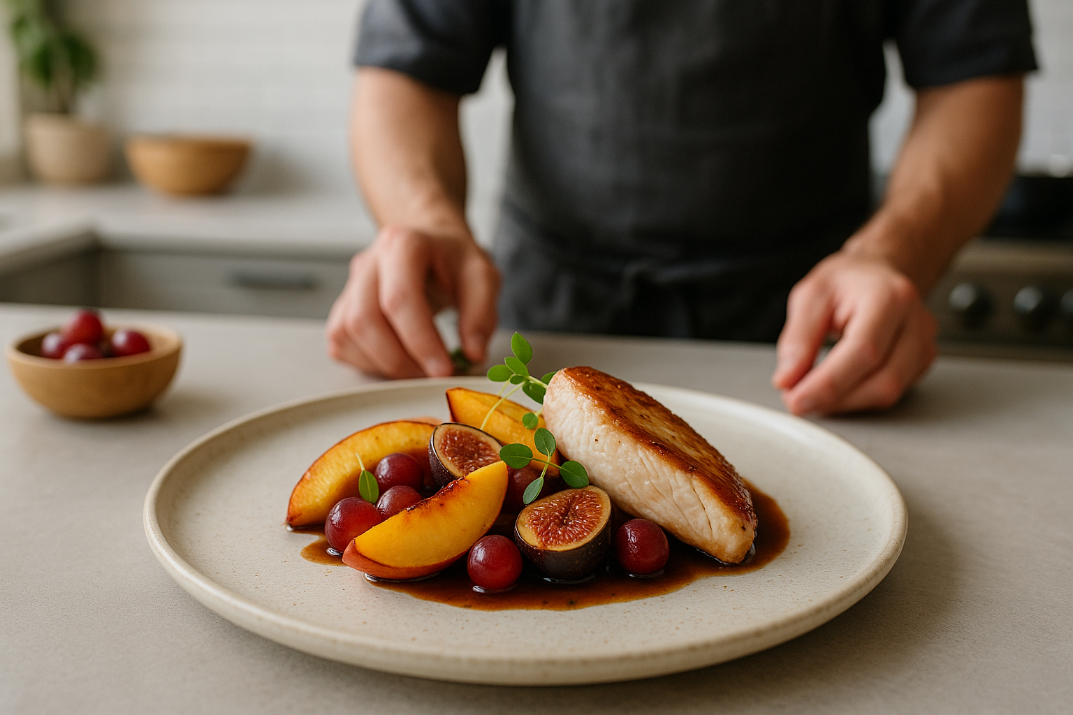 Piatto principale con frutta in versione salata: pesche, fichi e uva abbinati a una preparazione di carne e contorno