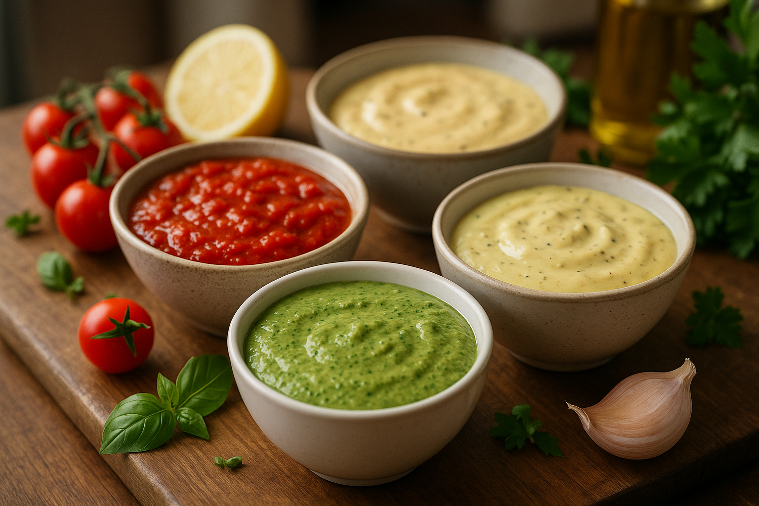 Assortimento di salse fatte in casa in ciotole su tavolo di legno con ingredienti freschi
