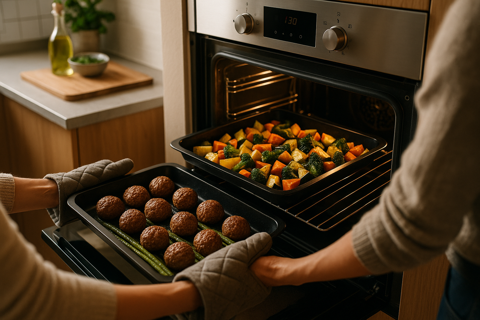 Teglie con verdure arrosto e polpette pronte per la cottura simultanea in forno