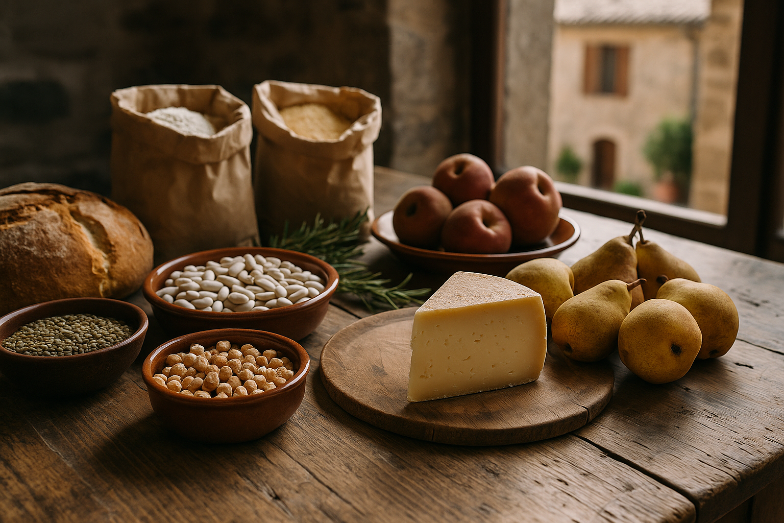 Ingredienti locali di stagione su una tavola rustica in un piccolo territorio italiano