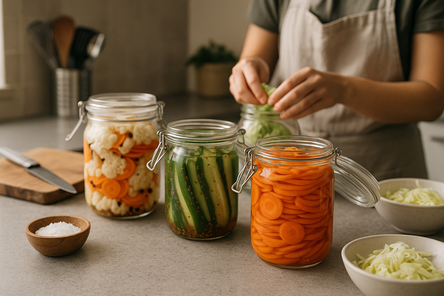 Barattoli con verdure in fermentazione su un piano cucina, con luce naturale