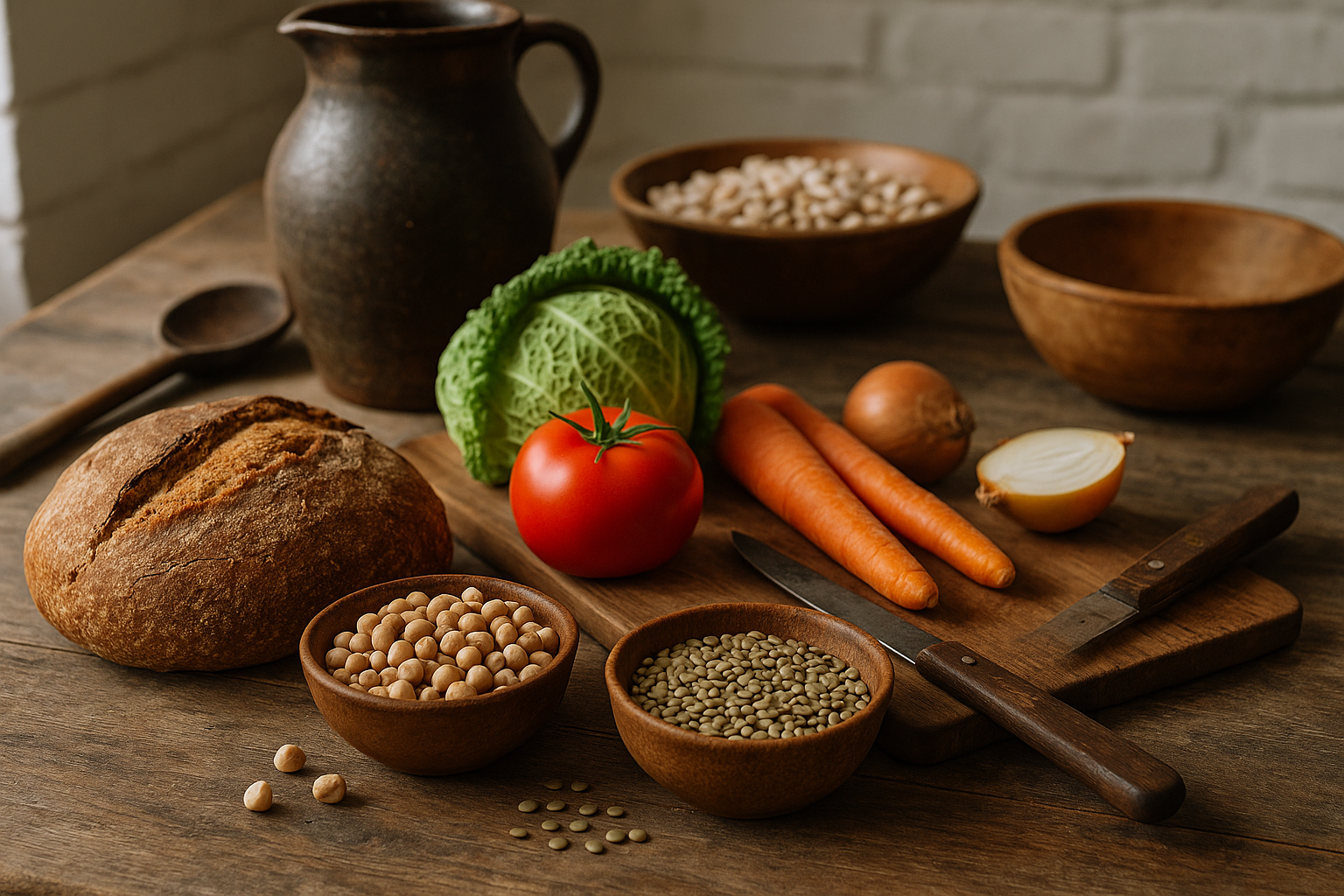 Ingredienti semplici della cucina povera: pane raffermo, legumi secchi e verdure di stagione su tavola rustica
