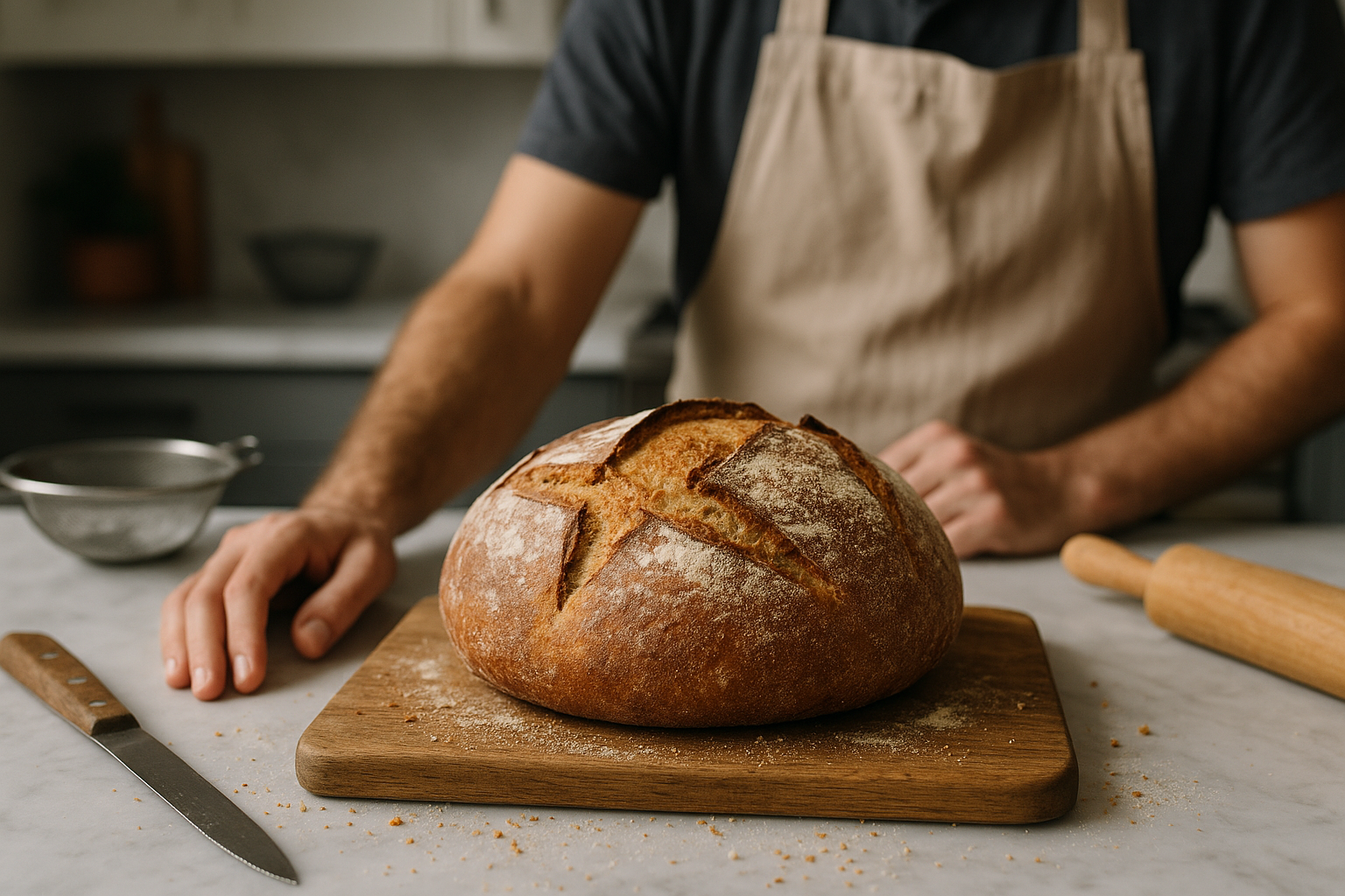 Pagnotta di pane artigianale su tavola di legno con briciole e utensili da panificazione