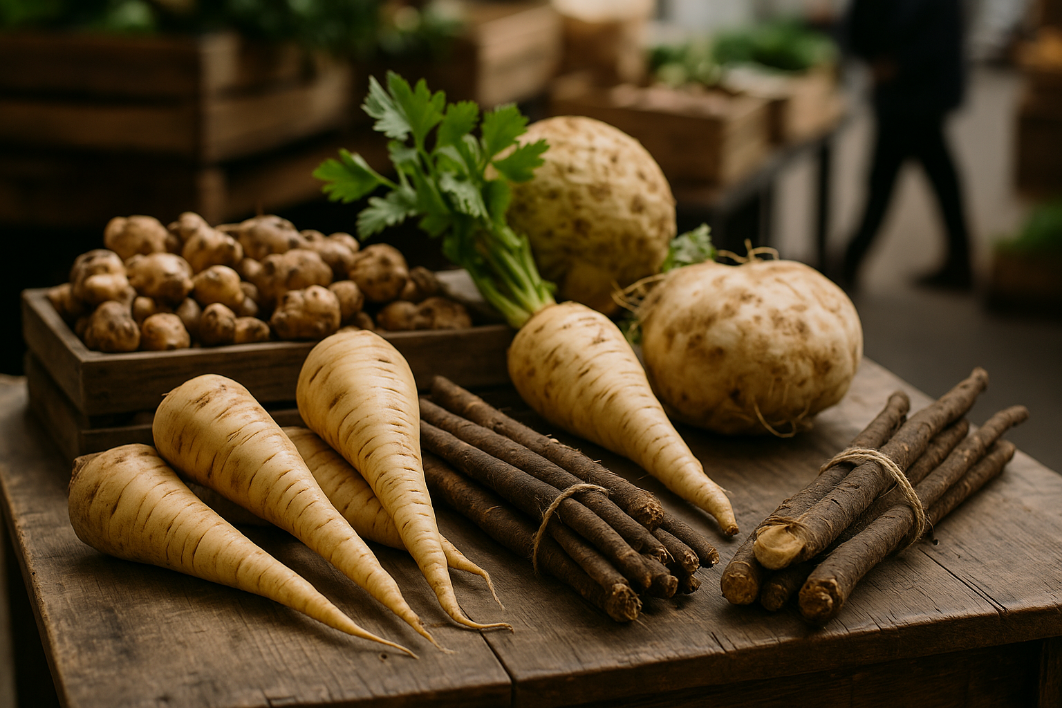 Assortimento di verdure dimenticate e radici su un banco di mercato