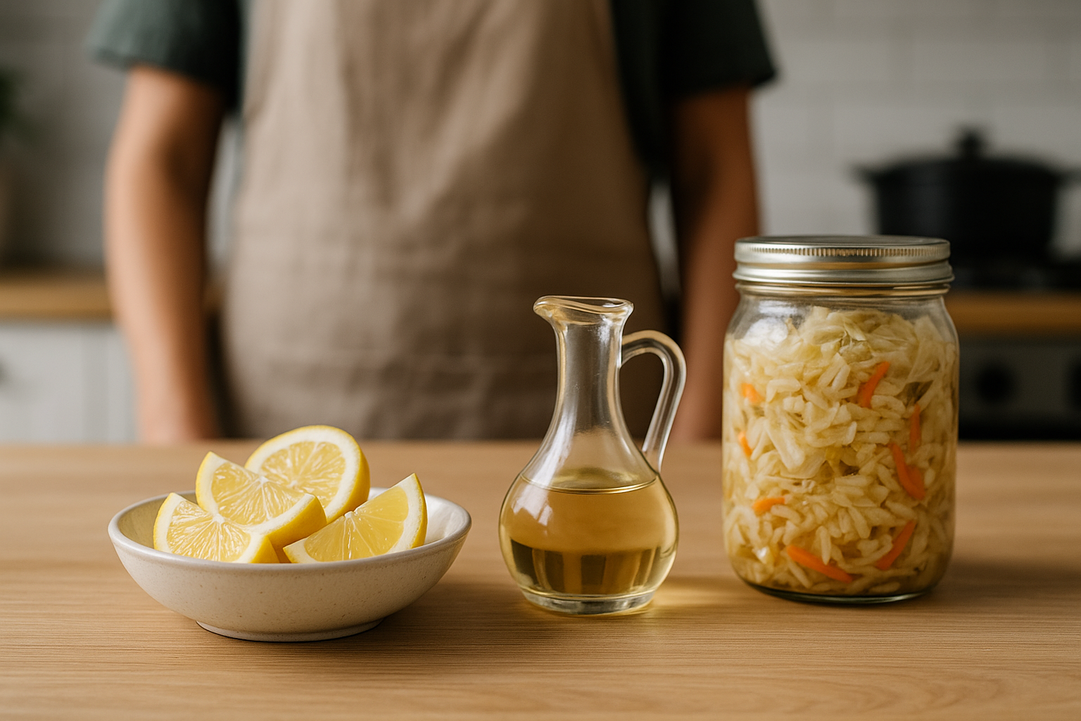 Ingredienti acidi in cucina: limone, aceto e verdure fermentate su un piano di lavoro